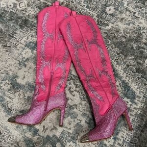 Vibrant Pink Embellished Women's Heeled Boots
